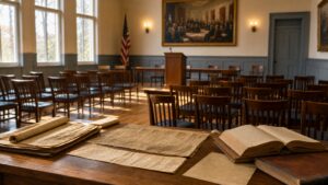 Photorealistic civic scene representing The Text And Meaning of The Original Ten Amendments for Constitution Street