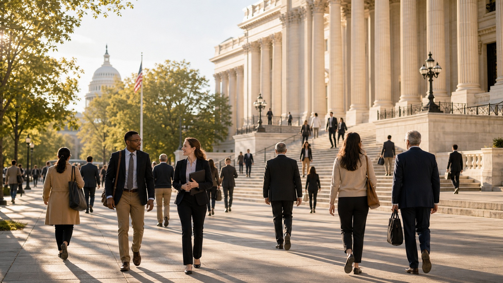Photorealistic civic scene representing the Constitutional Role of The Legislative Branch for Constitution Street