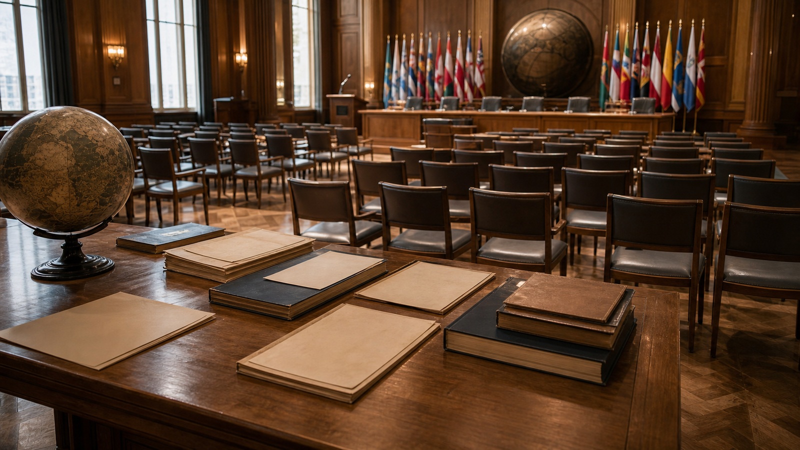 Photorealistic civic scene representing the Global History of World Constitutions for Constitution Street