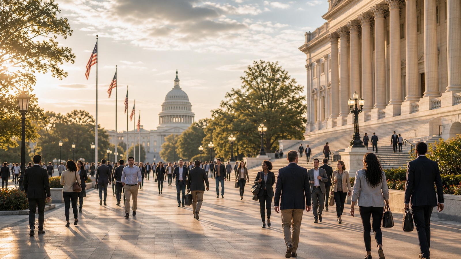 Photorealistic civic scene representing The Separation Of Powers of The Legislative Branch for Constitution Street
